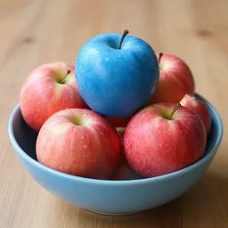 blue apple in bowl with red apples