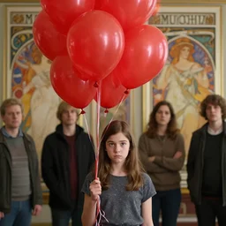 medium shot ultra high resolution photo of a shy young girl facing the camera with a quizzical expression holding dozens of red balloons, todd solondz, alphonse mucha, rhads, rebecca guay, artstation, artgerm, octane render