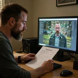 a strong bearded man with short hair at home desk with computer monitor studying paper networking still from the show breaking bad
