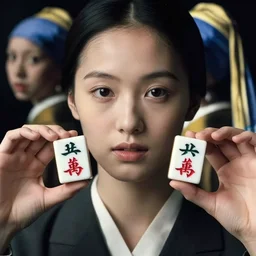 young and beautiful Asian woman, close up shots , symmetrical face, with hands holding 2 Chinese Mahjong tiles, patterns facing to audience, painted by Kerry James Marshall and Vermeer, cinematic lighting of movies directed by Wong Kar Wei, Stanley Kubricks