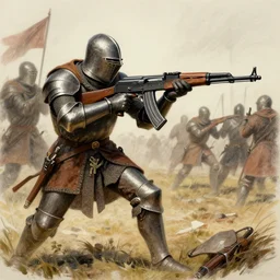 medieval drawing of a Knight in battle with AK-47