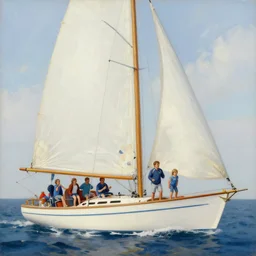 painting of a family sailing on big luxurious sailboat in the Netherlands, happy, playful, funny