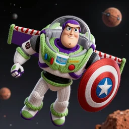 a photorealistic photograph of a knitted Buzz Lightyear themed Captain America flying through outer space, Mars in distance, featuring shield - Trending on Artstation, featured on Behance, well-rendered, Unreal Engine, 4K HD