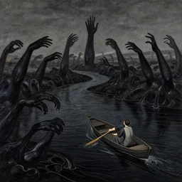 illustration of a black river in the astral plane with black oozing arms reaching out of the water. a man on a boat paddles down the river. art by gaston bussiere.