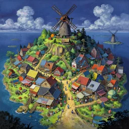 Colorful, creepy landscape painting of detailed exterior of densely-populated island market town Windfall Island, background windmill, anime key visual by Craig Mullins