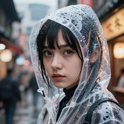 Kodak Portra 400, 8K, highly detailed, wachowski seinen manga 3/4 extreme closeup portrait, eye contact, focus on clear transparent raincoat replicant girl model, tilt shift zaha hadid style anime background: famous blade runner anime remake, tokyo izakaya scene