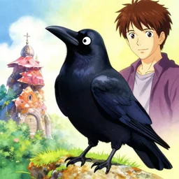 colorful illustration of happy raven bird, by zac retz and junji ito