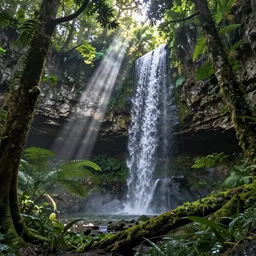 a vast underground forest, lit by shafts of light from above, with a waterfall