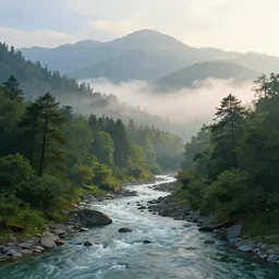 beautiful morning landscape, uttarakhand forest, mist, mountains, river, artstation, procreate, digital art, realistic style, digital painting, 4 k