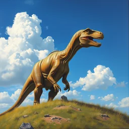 a dinosaur standing on a grassy hill, blue sky with clouds in the background, painting by greg rutkowski, hyper - realistic