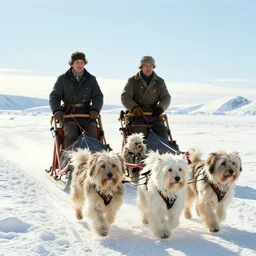 havanese dogs and men in the arctic, havanese dogs pulling dog sleds, 1 9 0 0, tartakovsky, atey ghailan, goro fujita, studio ghibli, rim light, bright harsh lighting, clear focus, very coherent