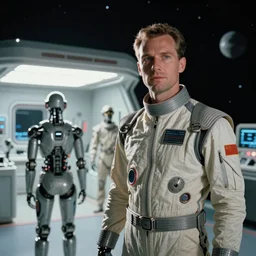 Cinestill 800t, 8K, 35mm,J.J Abrams flare; beautiful ultra realistic minimalistic syd mead in space(1950) film still medical bay scene in 2000s frontiers in blade runner retrofuturism fashion magazine September hyperrealism moebius edition, highly detailed, extreme closeup three-quarter birabid text jump suit android portrait, tilt shift LaGrange point orbit background, three point perspective, focus on portrait of two androids;sunflares;back to camera, soft lighting
