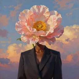 portrait, giant flower as head, black woman suit, surreal photography, golden hour, colorful clouds, impressionist painting, digital painting, artstation, simon stalenhag