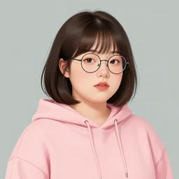 portrait of a slightly overweight korean girl with a Bob cut, bedhead, wearing round glasses, wearing a pastel pink hoodie, digital art, elegant pose, detailed illustration