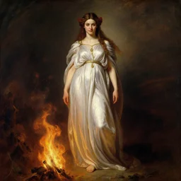 young celtic woman, goddess of fire, flowing gown, smug expression, highly detailed painting by gaston bussiere, craig mullins, j. c. leyendecker 8 k full length