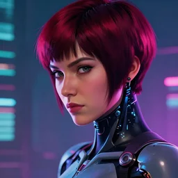 gtav screenshot. intense sidelong stare. close face portrait. cyberpunk bg. scene of beautiful pretty lithe feminine cybertronic android painted by norman rockwell. character designed by hideaki anno. bodysuit. dark neon crimson hair in pixiecut. digital. lighting by james gurney. trending on artstation. masterpiece. artgerm mucha rutkowski.