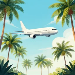 a plane flying over palm groves, digital art, illustration