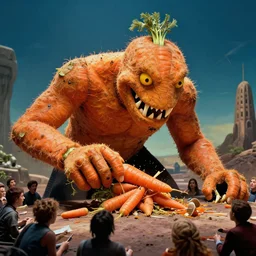 giant monster made of carrots and sharp teeth eating people, star trek, film still from a movie directed by Denis Villeneuve  with art direction by Salvador Dalí, wide lens