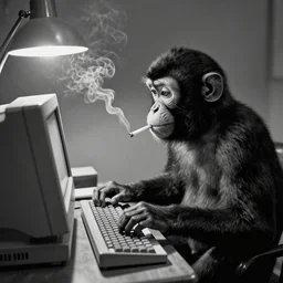 a monkey writing a bestseller on a 8 0 s computer, smoking a cigarette. black and white. 1 9 2 0 aesthetic. old film grain. soft light from a table lamp. high detailed film look.