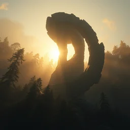 a tall rock structure in the shape of a swirling spiral vortex, background of trees, dramatic lighting, golden hour, misty, hyper detailed, digital art, trending on artstation, cinematic lighting, studio quality, smooth render, octane render, art style by ruan jia and greg rutkowski and peter mohrbacher and wlop and krenz cushart