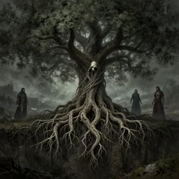 tree stretching roots down into the depths of the earth, tree of death, evil tree, unholy art by artgerm and greg rutkowski and magali villeneuve, d & d, fantasy, highly detailed, digital painting, trending on artstation, concept art, sharp focus, illustration