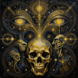 astral skull oil painting of abstract surrealist forms by yvonne mcgillivray by mandy jurgens by michael divine, powerful eyes glowing highly detailed painting, spiritual abstract forms, symmetrical, trending on art station, abstract emotional, very beautiful, fantasy digital art, highly detailed patterned visionary art, magic symbols, by michael divine, cosmic nebula, black gold color scheme