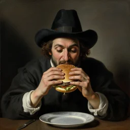 The Hamburglar eating burger. Painted by Caravaggio, high detail