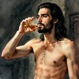 portrait, a handsome skinny small Frenchman with beard and long black hair toasting with whiskey, watercolor, dramatic lighting, cinematic, establishing shot, extremely high detail, foto realistic, cinematic lighting, digital art, vector, by Yoshitaka Amano, Ruan Jia, Kentaro Miura, Artgerm, post processed, concept art, artstation, matte painting, style by eddie mendoza, raphael lacoste, alex ross
