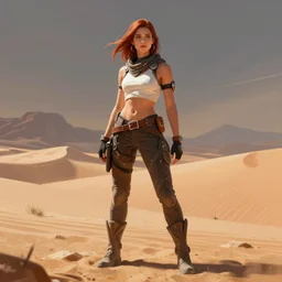 Aloy, standing confidently, desert in the background, natural lighting, digital painting, concept art, smooth, sharp focus, illustration, single character full body, rule of thirds, from Horizon: Zero Down, by Mandy Jurgens and Artgerm