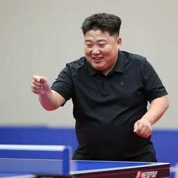 Kim Jong Un playing ping pong and being really happy, photorealistic