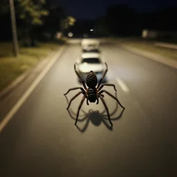 a car on road little bit covered with spiders in a dark night
