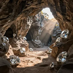 mystical cave full of rare diamonds carved on rock, under a sun indirect light, drammatic light, volumetric light, sunset enviroment, shadow effect, surrealism, beautiful, trending on artstation, best photography, full of details 8 k, high quality, wide view