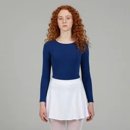 2 0 years old skinny curly ginger hair gabriella papadakis, neck wrinkles, wearing white skirt, blueshirt and white panty hose