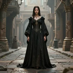 costume design from minimalist designers, sophisticated composition, old masters light composition, procedurally generated, epic mage girl character posing for concept art, ancient city streets behind her, substance designer, PBR, HD, Ultra detailed, hyperrealistic, megascans, volumetric light, concept by master artist, made in paint tool SAI2, trending pixiv face