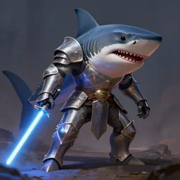 anthropomorphic thresher shark with legs in knight armor, with lightsaber, fantasy, digital painting, dramatic lighting, vibrant setting, realistic shading, unreal engine 5, concept art, ultra detailed, trending artstation