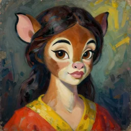 a vivid painting of a woman that looks like bambi in the style of laszlo moholy - nagy and noriyoshi ohrai, trending on artstation, highly detailed, ultrarealistic, digital art