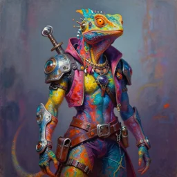 a portrait of a scifi post apocalyptic lizardfolk, sorcerer divine, hermit male, scifi fantasy character design, psychedelic vibrant colors, futuristic punk rock fashion, oil painting by amonika laprus - wierzejska, sharp focus, realistic, highly detailed, 8 k