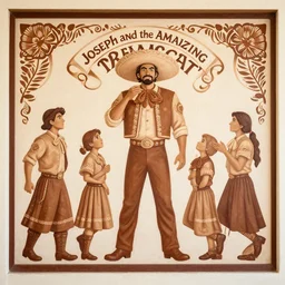 [ mexican folk art ] mural depicting [ joseph and the amazing technicolor dreamcoat ] monochromatic! brown