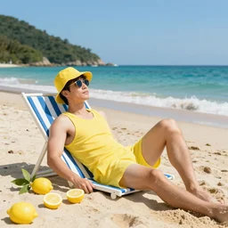 lemonman relaxing on a beach, inspired by dalle 2 generations.