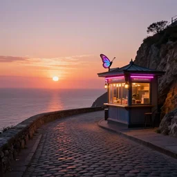 epic professional digital art of a lonely cobblestone street with a kiosk on a cliff over the sea at sunset, best on artstation, cgsociety, wlop, Behance, pixiv, astonishing, impressive, outstanding, epic, cinematic, stunning, marketing design, gorgeous, much detail, much wow, masterpiece, 35mm, f/1.4, neon butterfly key light, national geographic, photographed by Martha Cooper