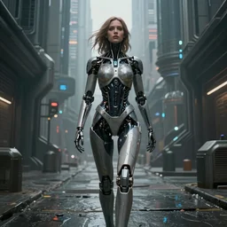 ultra realistic, beautiful female cyborg walking down an alley, portrait, in a space metropolis with skyscrapers, sci-fi, intricate details, eerie, highly detailed, octane render, 8k, art by artgerm and alphonse mucha and moebius