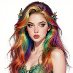 the portrait of chaotic good female rainbow colorful druid botanist as absurdly beautiful, gorgeous, elegant, young gravure idol, an ultrafine hyperdetailed illustration by irakli nadar, james jean, intricate linework, sharp focus, bright colors, octopath traveler, unreal engine 5 highly rendered, global illumination, radiant light, detailed and intricate environment