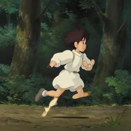 “a boy running fast through a dimly lit forest, in the style of Studio Ghibli”