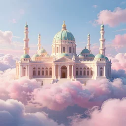 beautiful digital illustration of a Byzantine palace in the clouds, surrounded by fluffy cotton candy clouds, pastel color scheme, establishing shot, cinematic, architecture, concept art, deviantArt, artsation, artstation HQ, HD, 16k resolution, smooth, sharp detail, amazing depth, octane, finalRender, Unreal Engine