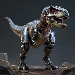 A cyborg T-Rex with red eyes and robotic extended arms