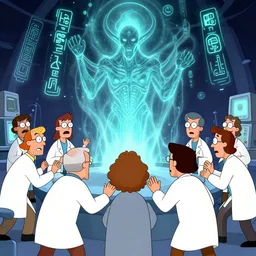 engineers and scientists in labcoats confront a malevolent computer deity, digital spirit, floating glowing digital runes, panic, ross tran, ( futurism ), rhads!!!, james gurney, ( art fitzpatrick ), ( asaf hanuka ), ( ( barclay shaw ) ), ominous, saturday morning cartoon, clean linework, western animation