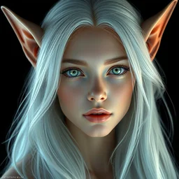 a beautiful portrait, black background, gorgeous fantasy elf. professionally retouched, soft lighting, realistic, smooth face, gorgeous blue eyes, long white hair, cute ears, wide angle, sharp focus on the eyes, 8 k high definition, insanely detailed, intricate, elegant, gorgeous, art by artgerm and wlop