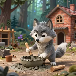 a cartoonish cute anthropomorphic wolf is mixing cement near a construction site of a brick house in a mystical forest full of wonders, pine trees, magical atmosphere, trending on artstation, 30mm, by Noah Bradley trending on ArtStation, deviantart, high detail, stylized portrait H 704