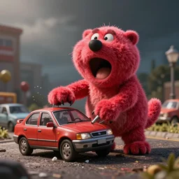 photo realistic barney crushing tiny cars detailed horror style screaming