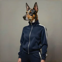 epic professional digital art of female human - dog hybrid animal wearing navy tracksuit, humanoid dog head, dog ears, painting, by leesha hannigan, iris van herpen, artstation, cgsociety, wlop, epic, much wow, much detail, gorgeous, detailed, cinematic, masterpiece